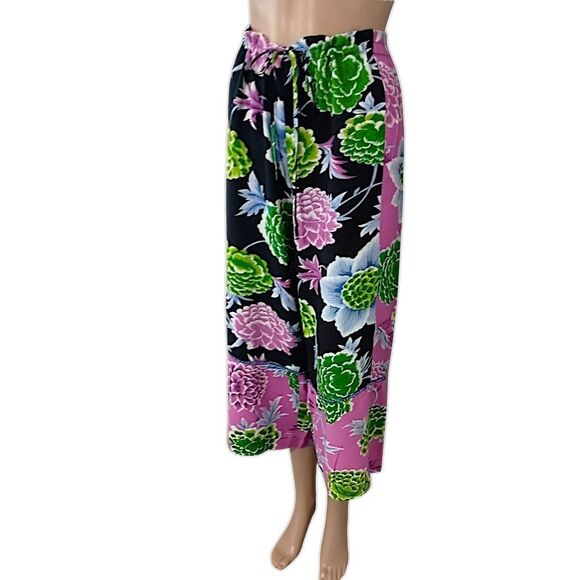 Floral Patchwork Wide Leg Pants M Hippie Artsy Boho Chic Fairy Flowy Drawstring - Picture 5 of 16